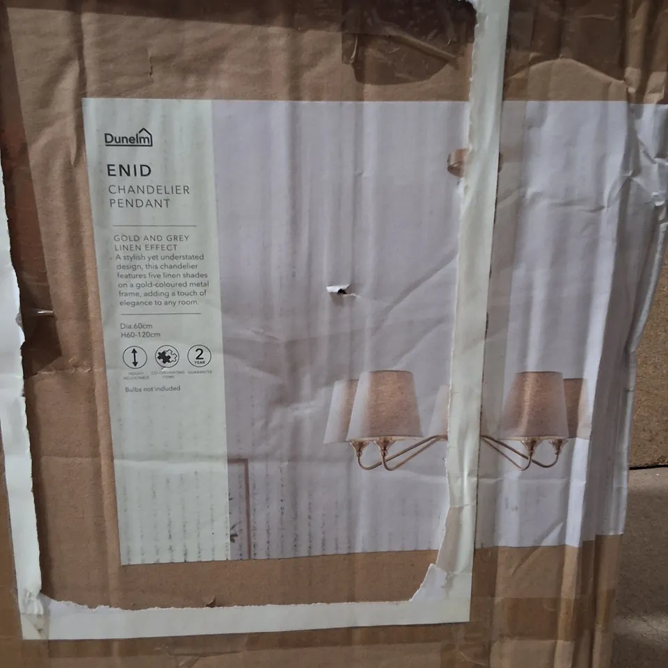 BOXED DUNELM ENID CHANDELIER PENDANT – GOLD & GREY LINEN EFFECT