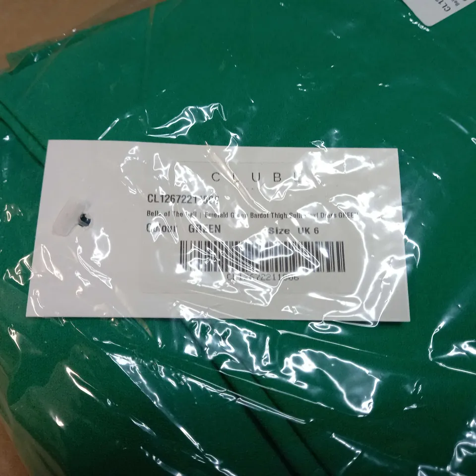 PACKAGED CLUB L EMERALD GEEN BARDOT THIGH SPLIT MAXI DRESS - SIZE 6