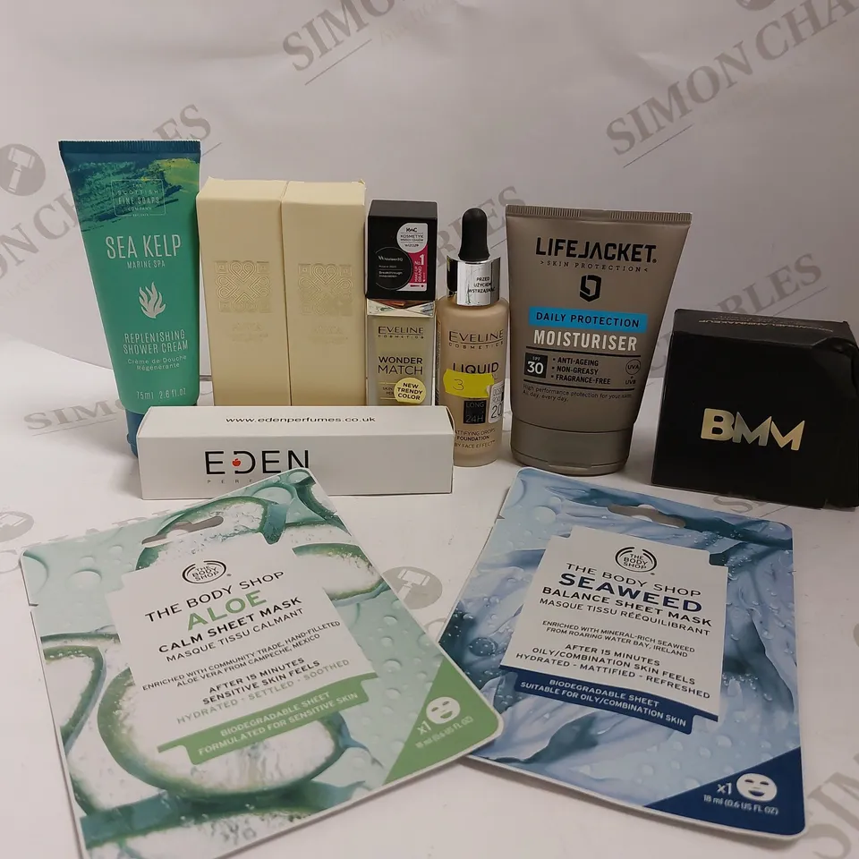 BOX OF APPROX 20 COSMETIC ITEMS TO INCLUDE LIFEJACKET MOISTURISER, SEA KELP SHOWER CREAM AND FACE MASKS
