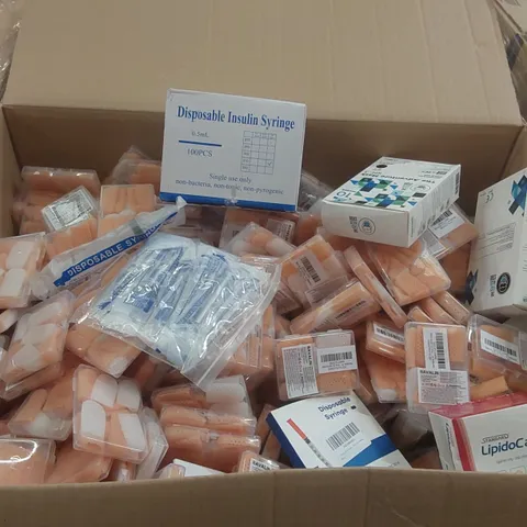 PALLET CONTAINING A VERY LARGE QUANTITY OF ASSORTED MEDICAL SUPPLIES INCLUDING: FINGER SLEEVES, LIPID TEST STRIPS, INSULIN SYRINGES, FACE MASKS ECT