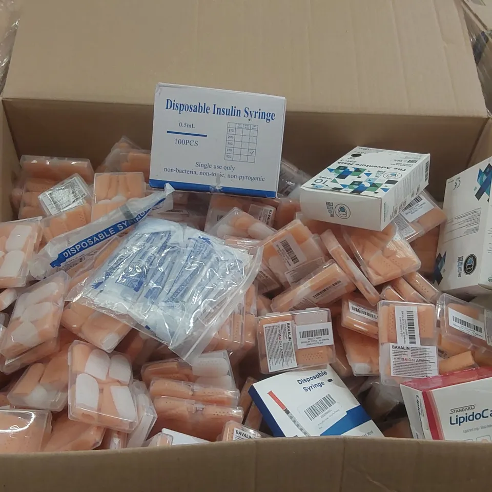 PALLET CONTAINING A VERY LARGE QUANTITY OF ASSORTED MEDICAL SUPPLIES INCLUDING: FINGER SLEEVES, LIPID TEST STRIPS, INSULIN SYRINGES, FACE MASKS ECT
