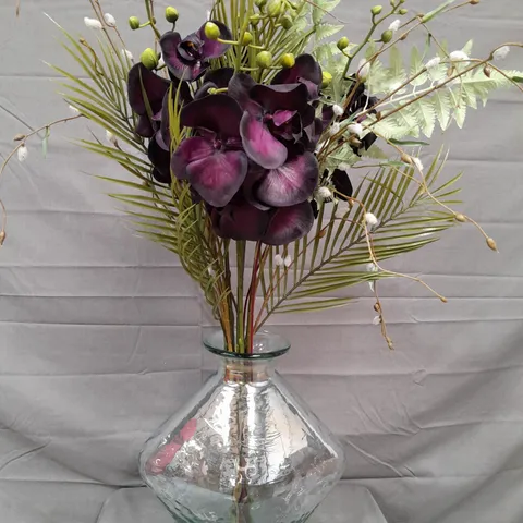 FAUX FLOWER ARRANGEMENT WITH LARGE GLASS VASE, BRAND UNSPECIFIED. COLLECTION ONLY