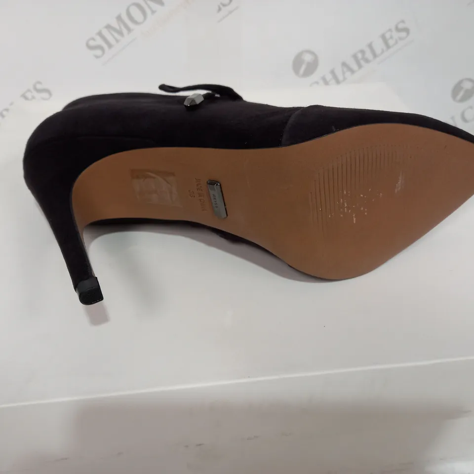 BOXED REISS SUEDE CHOCOLATE BOOT HEELS - SIZE 5