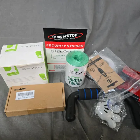 APPROXIMATELY 15 ASSORTED HOUSEHOLD ITEMS TO INCLUDE GLUE STICKS, SECURITY STICKER, HOLE PUNCH, ETC