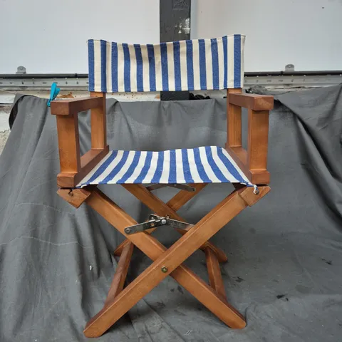 WOODEN CHILD SIZE DIRECTOR'S CHAIR WITH BLUE-AND-WHITE STRIPED FABRIC AND 'MILES' EMBROIDERY