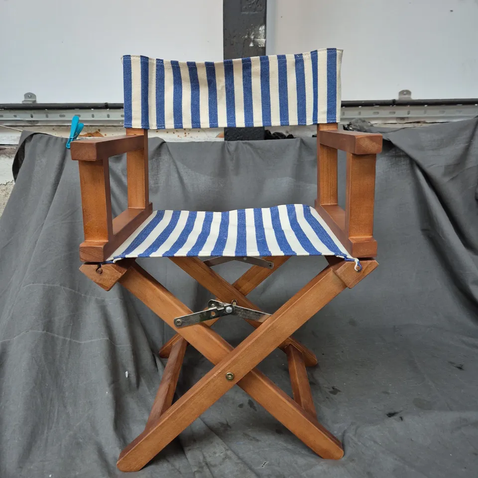 WOODEN CHILD SIZE DIRECTOR'S CHAIR WITH BLUE-AND-WHITE STRIPED FABRIC AND 'MILES' EMBROIDERY