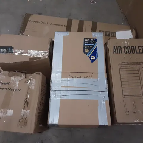 PALLET OF ASSORTED PRODUCTS INCLUDING TICWELL GARMENT STEAMER, AIR COOLER, DOUBLE DECK GARMENT RACK, TOILET PAPER HOLDER, STOREMIC TOILETS SEAT, HOMECHO