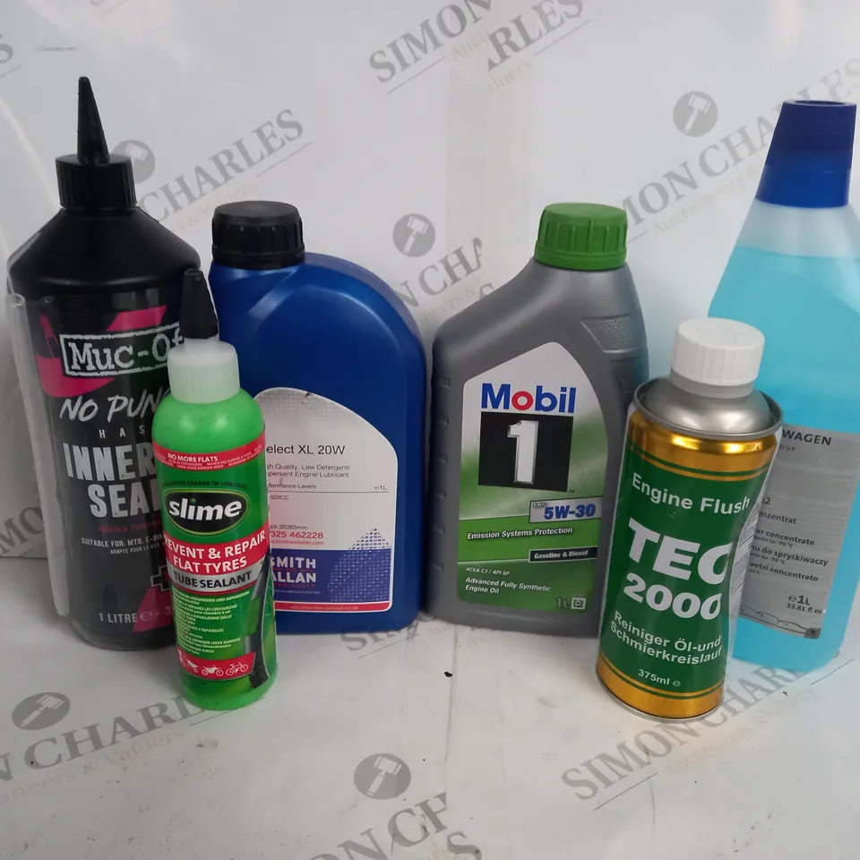 BOX OF APPROX 6 ASSORTED CAR PRODUCTS INCLUDING MOBIL1 5W-30 OIL, SLINE TIRE REPAIR AND MUC OFF INNER TUBE SEALENT