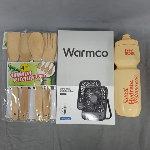 BOX OF APPROXIMATELY 10 ASSORTED HOUSEHOLD ITEMS TO INCLUDE BAMBOO KITCHEN TOOLS, USB DESK FAN, ETC - COLLECTION ONLY