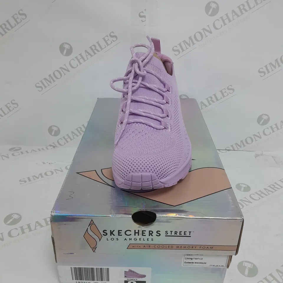 BOXED PAIR OF SKECHERS UNO EVERYWEAR LACE UP TRAINERS IN PURPLE SIZE 5