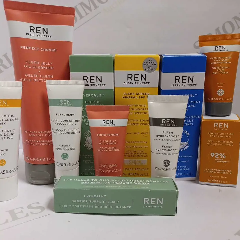 BOX OF APPROX 10 REN SKINCARE ITEMS TO INCLUDE FLASH HYDRO BOOST, VITA MINERAL MOISTURISER AND CLEAN JELLY OIL