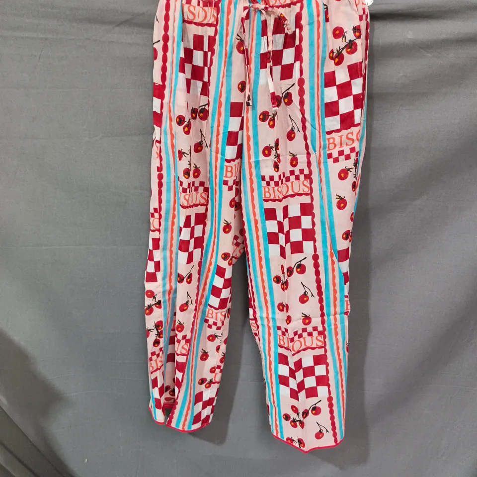 WOMEN'S PRINTED SHIRT – PINK WITH CHERRY MOTIF AND RED/BLUE STRIPES SMALL