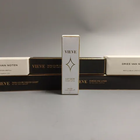 APPROXIMATELY 6 BOXED MAKEUP PRODUCTS TO INCLUDE VIEVE NOYA GLOW LIQUID LIGHT (12ml), DRIES VAN NOTEN REFILLABLE LIPSTICK CASE, VIEVE LIP DEW GLOSSY LIP OIL CHERRY (6ml), ETC