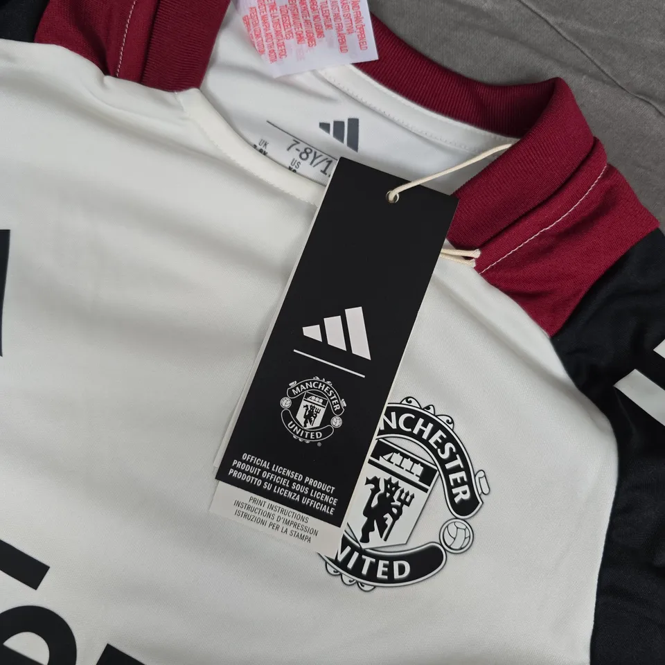MANCHESTER UNITED FC KIDS FOOTBALL SHIRT – WHITE HOME JERSEY, ADIDAS, TEZOS SPONSOR (UK 7-8)