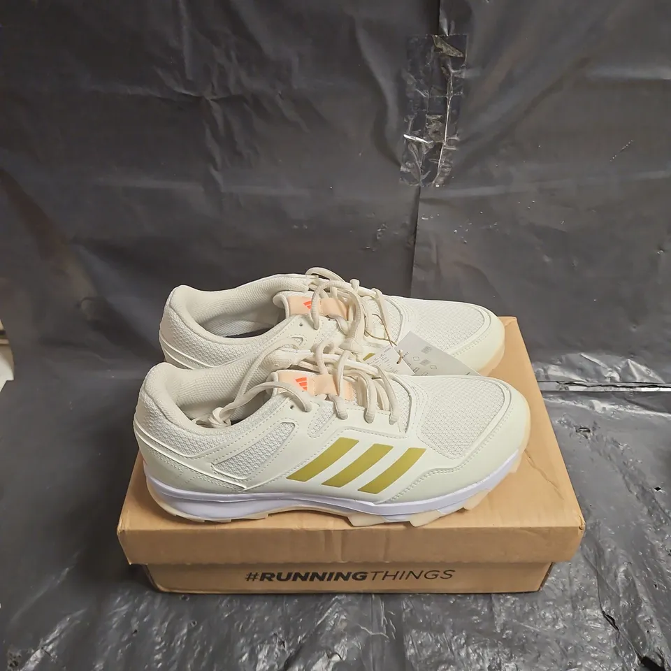 ADIDAS RUNNING SHOES – WHITE/OFF-WHITE WITH YELLOW 3-STRIPES UK SIZE 9