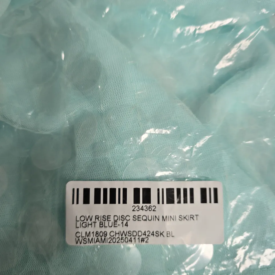EGO LIGHT BLUE DISC SEQUIN MINI SKIRT - UK SIZE 14