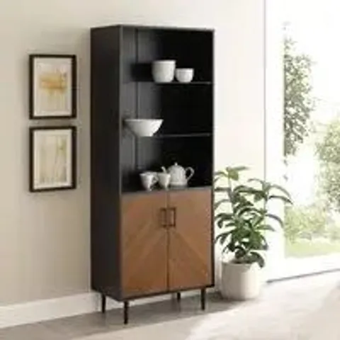 BRAND NEW BOXED WALKER EDISON LIAN WOODEN DISPLAY CABINET WITH 2 DOORS IN BLACK AND BROWN (1 BOX)