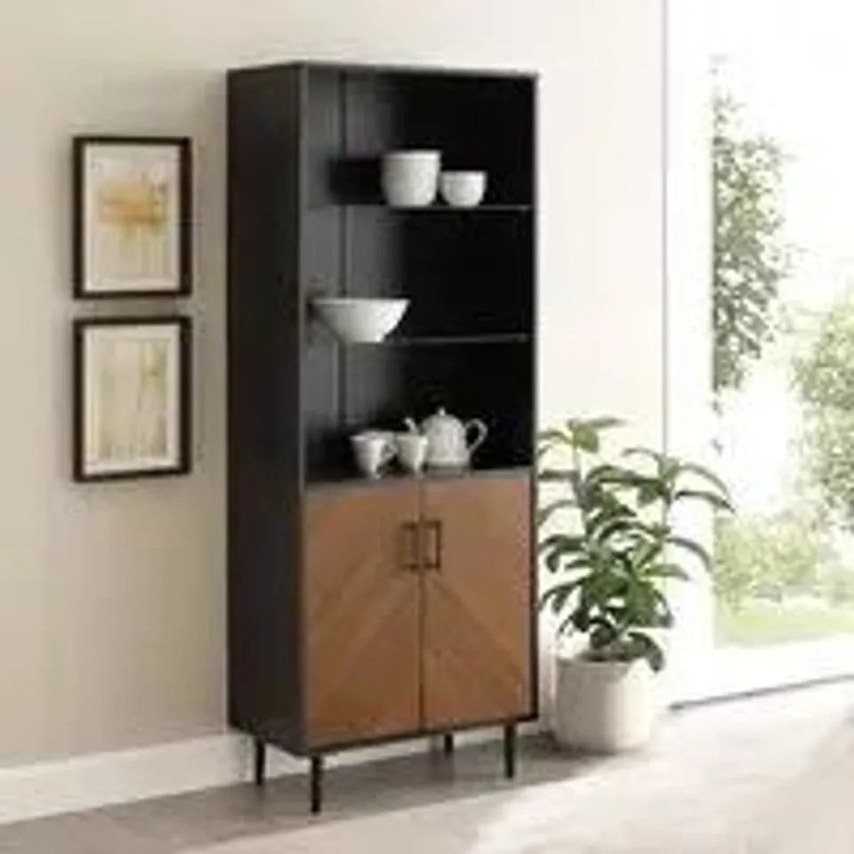 BRAND NEW BOXED WALKER EDISON LIAN WOODEN DISPLAY CABINET WITH 2 DOORS IN BLACK AND BROWN (1 BOX)