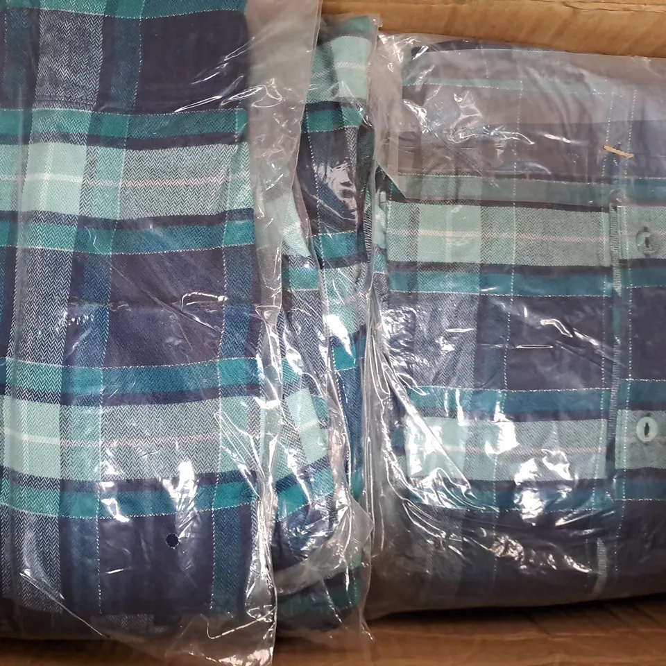 BOX OF APPROXIMATELY 20 ASSORTED LOVE SLEEP CLOTHING ITEMS IN GREEN/TEAL CHECK (SIZES VARY) - COLLECTION ONLY