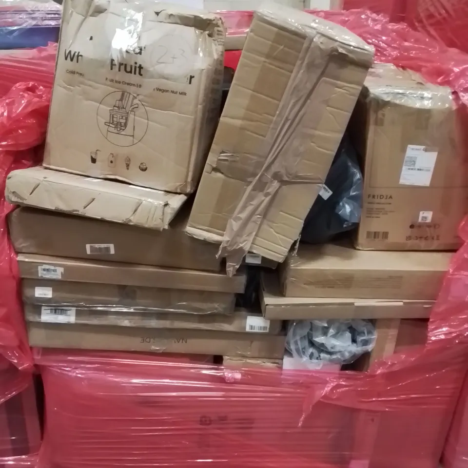 PALLET CONTAINING VARIOUS ASSORTED BOXED HOUSEHOLD ITEMS TO INCLUDE: TOILET SEAT AID, JUICER,  AND LOTS MORE UNMARKED BOXED ITEMS 