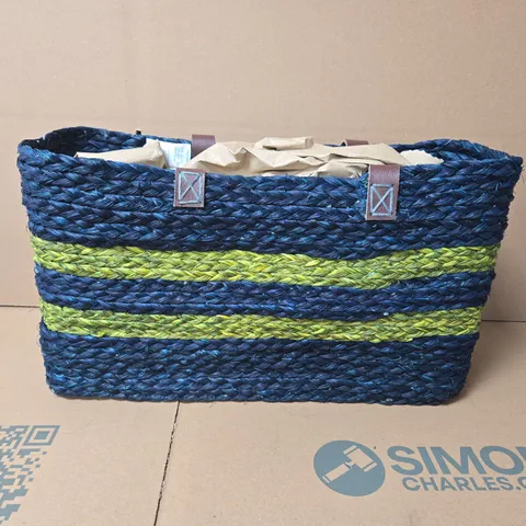 4 X WOVEN TOTE BAG WITH BLUE AND LIME STRIPES. BOXED