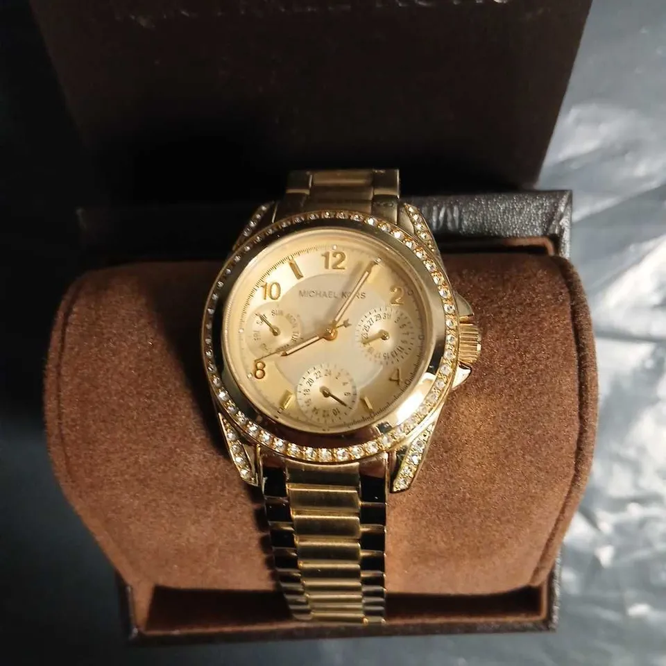 MICHAEL KORS GOLD-TONE CHRONOGRAPH WOMEN'S WATCH WITH CRYSTAL BEZEL – BOXED