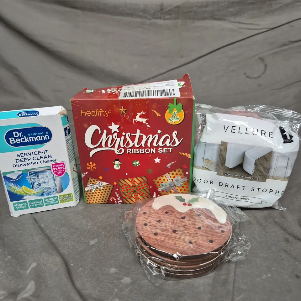 APPROXIMATELY 15 ASSORTED HOUSEHOLD ITEMS TO INCLUDE VELLURE DOOR DRAFT STOPPER, DR BECKMANN DISHWASHER CLEANER AND FESTIVE COASTERS