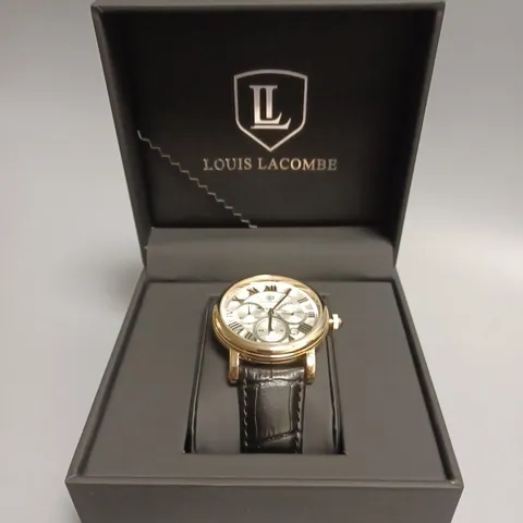MENS LOUIS LACOMBE CHRONOGRAPH WATCH – MULTI FUNCTION DIAL WITH DATE – ROMAN NUMERAL DIAL – LEATHER STRAP