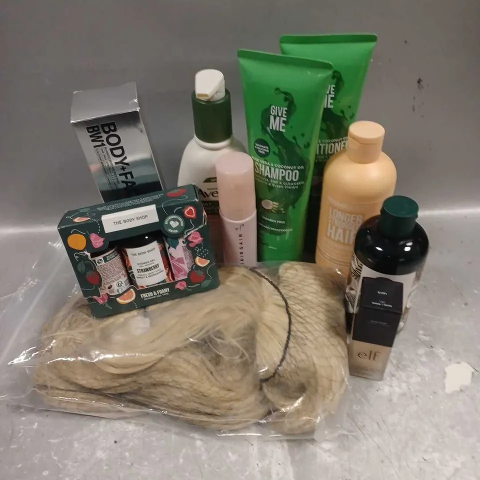 APPROXIMATELY 20 ASSORTED COSMETIC PRODUCTS INCLUDE - HAIR BURST SHAMPOO - HAIR GAIN SCALP FOAM - AVEENO YOGHURT BODY CREAM - THE BODY SHOP SHOWER GEL TRIO - ETC