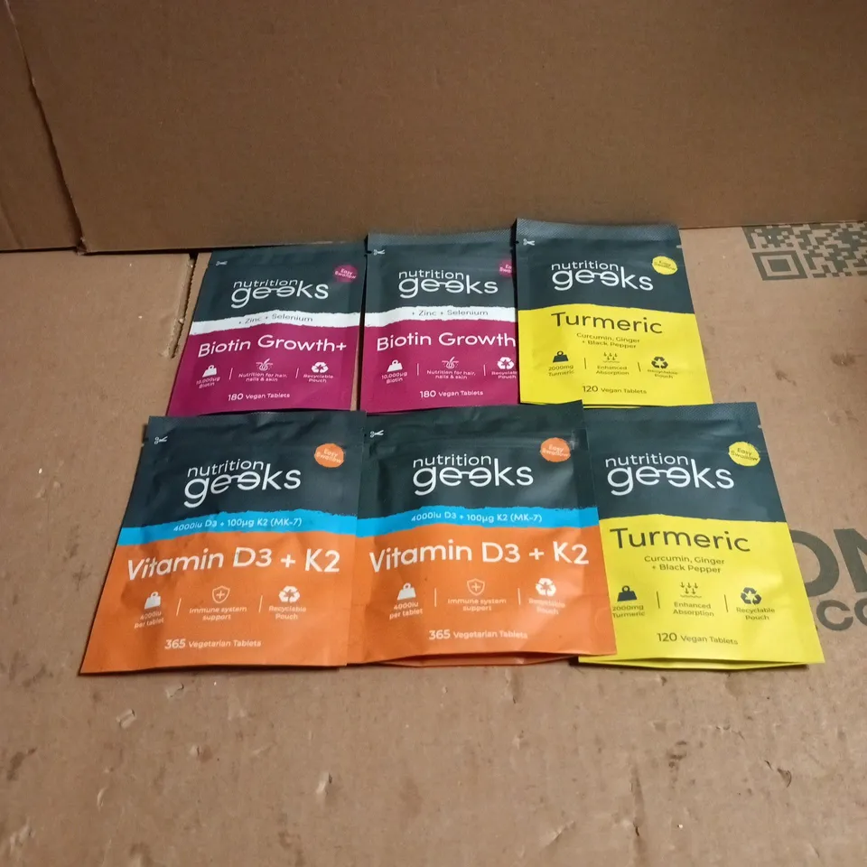 6 X ASSORTED NUTRITION GEEKS ITEMS TO INCLUDE BIOTIN GROWTH, VITAMIN D3 + K2 ETC