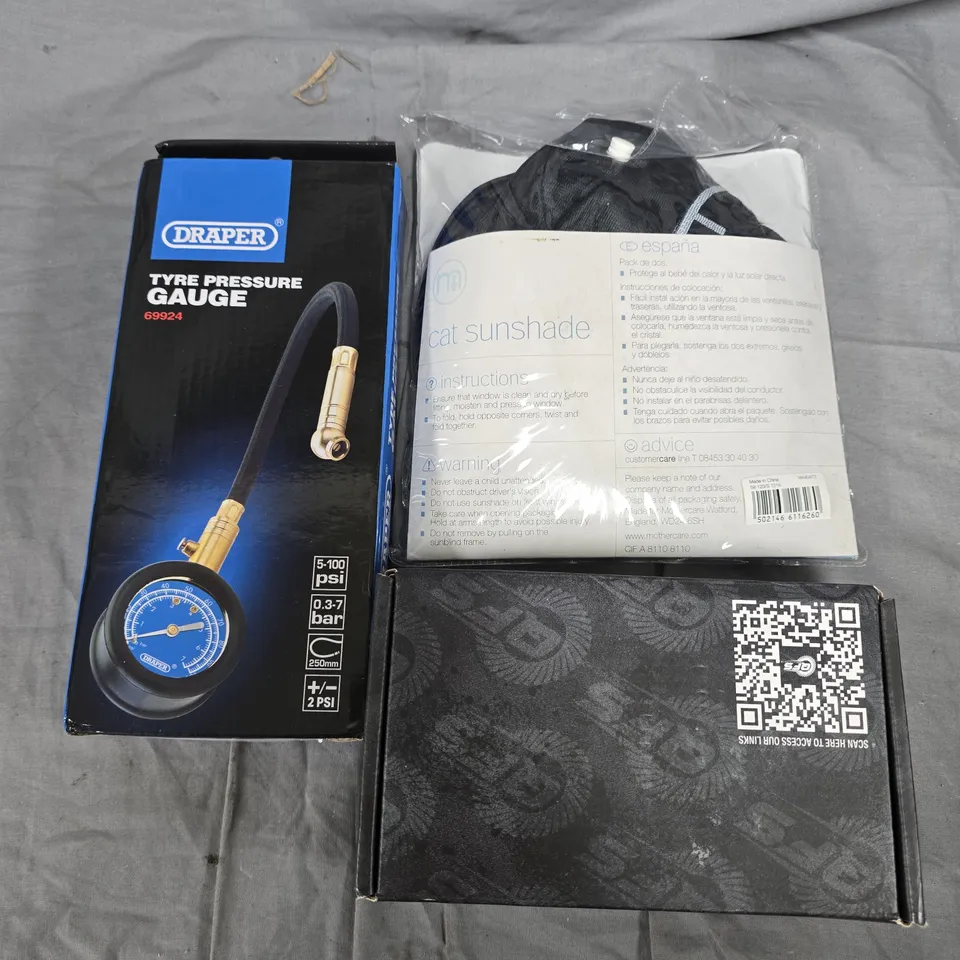 BOX OF ASSORTED CAR ITEMS TO INCLUDE - BRAKE CALIPER - PRESSURE GAUGE - TOOLS 