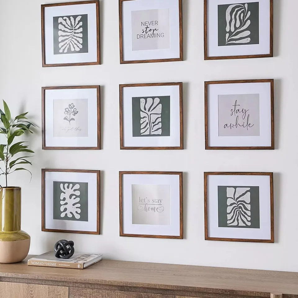 SET OF 9 BROWN SQUARE GALLERY PHOTO FRAMES 12X12INCH