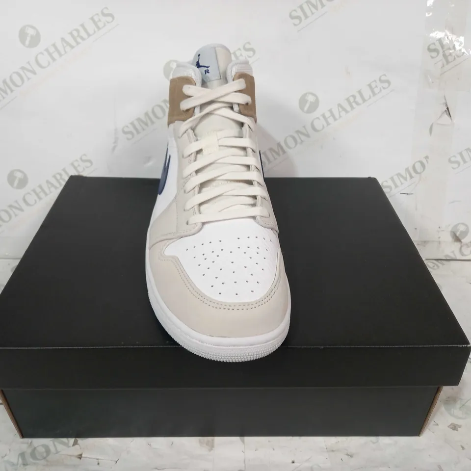 BOXED PAIR OF NIKE AIR JORDAN SHOES IN WHITE/TAN/BLUE UK SIZE 11.5