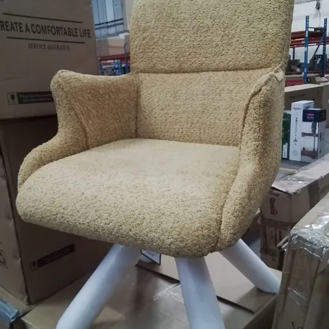 BOXED SOFT BOUCLE FABRIC UPHOLSTERED NATURAL WOODEN LEGS YELLOW SWIVEL SIDE CHAIR 