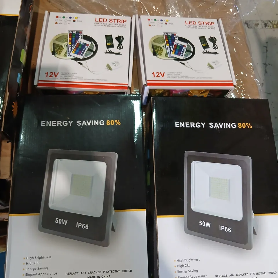 PALLET OF ASSORTED PRODUCTS TO INCLUDE; LIGHT BULBS, ENERGY SAVING LIGHTS, LED STRIPS, PARASOL STAND AND MOBILE PHONE SCREENS