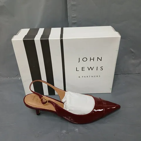 BOXED PAIR OF JOHN LEWIS COSMOS BURGENDY SIZE 8 HEELS 