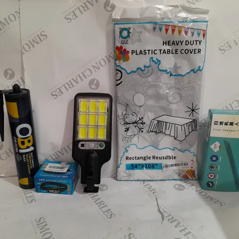 BOX OF APPROX 10 ASSORTED ITEMS TO INCLUDE - HEAVY DUTY PLASTIC TABLE COVER - LED CHARGE HEADLAMP - FLOOR SWEEPER ECT