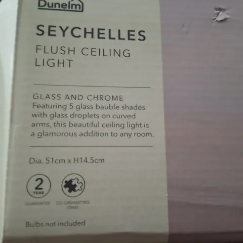 BOXED DUNELM SEYCHELLES FLUSH CEILING LIGHT – GLASS & CHROME, 5 GLASS BAUBLE SHADES