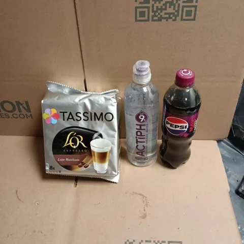 APPROXIMATELY 12 ASSORTED FOOD AND DRINKS ITEMS TO INCLUDE - PEPSI MAX CHERRY, ACTIPH PH WATER, TASSIMO LOR LATTE MACCHIATO COFFEE PODS