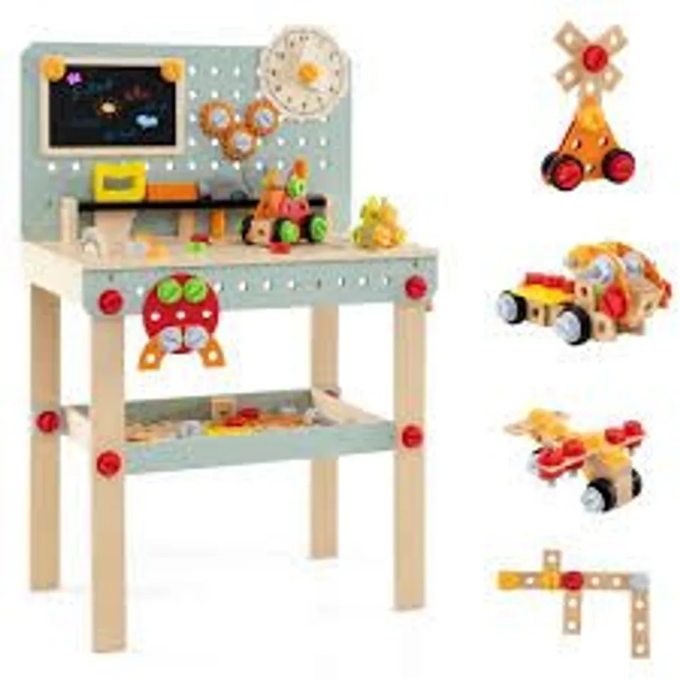 COSTWAY WOODEN TOOL WORKBENCH WITH PLAY TOOLS SET AND LARGE STORAGE SPACE FOR KIDS TODDLERS