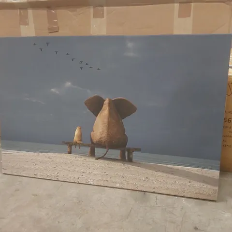 BOXED WRAPPED CANVAS - ELEPHANT AND DOG SIT ON A BEACH