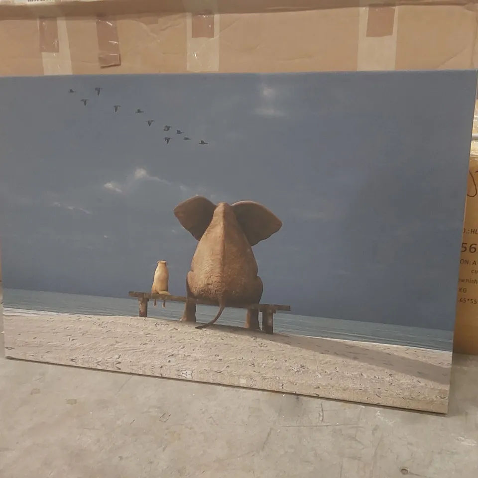 BOXED WRAPPED CANVAS - ELEPHANT AND DOG SIT ON A BEACH