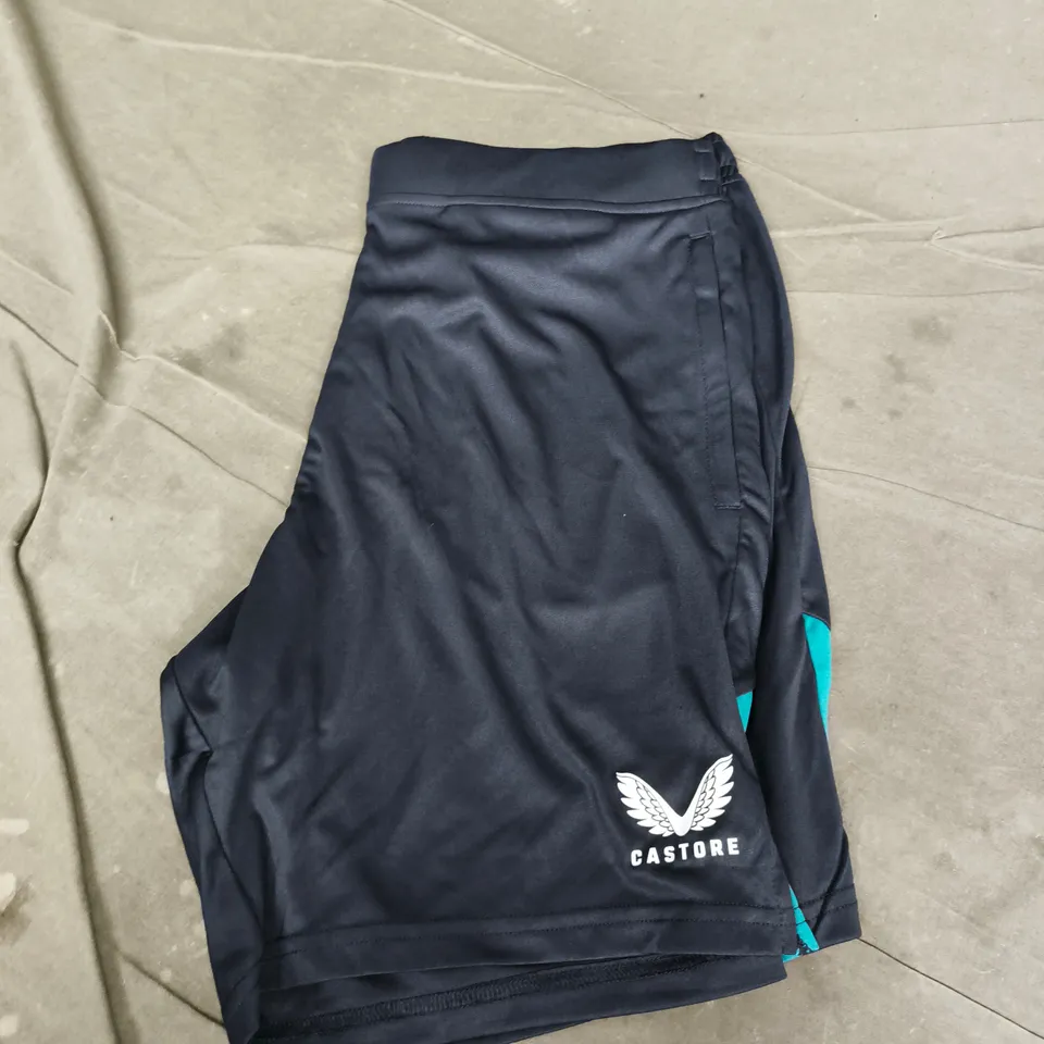CASTORE MEN'S TRAINING SHORTS – BLACK WITH TEAL SIDE PANELS (UK LARGE)