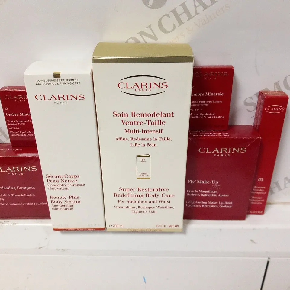 APPROXIMATELY 87 ASSORTED CLARINS COSMETICS PRODUCTS TO INCLUDE;