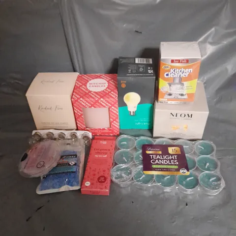 APPROXIMATELY 10 HOUSEHOLD ITEMS TO INCLUDE TEALIGHT CANDLES, WAX MELT, NEOM MOOD BOOST DUO, ETC