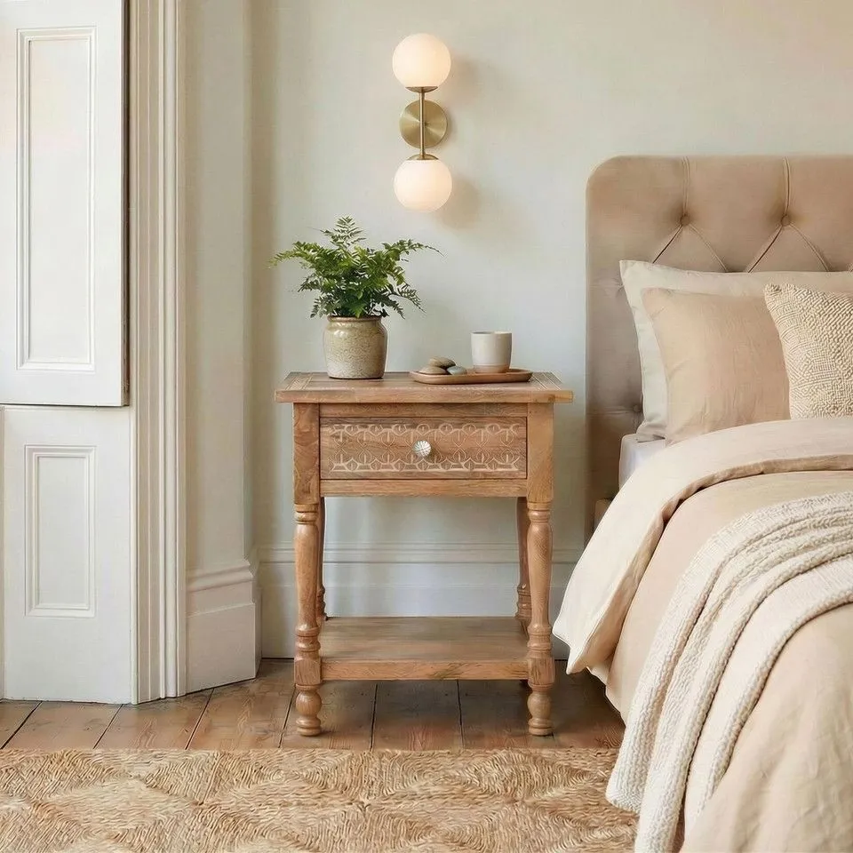 BOXED LIMA WHITE OAK EFFECT WOOD CARVED BEDSIDE TABLE