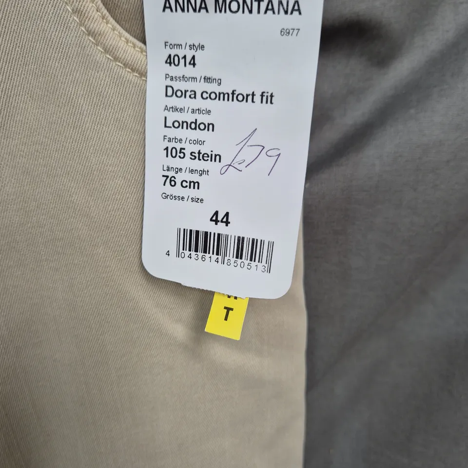 ANNA MONTANA DORA COMFORT FIT TROUSERS – STONE LONDON, SIZE 44, 76 CM