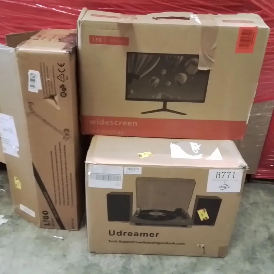 PALLET OF ASSORTED HOUSEHOLD GOODS AND PRODUCTS TO INCLUDE;LED MONITOR,ELECTRIC WEED SWEEPER,RECORD PLAYER