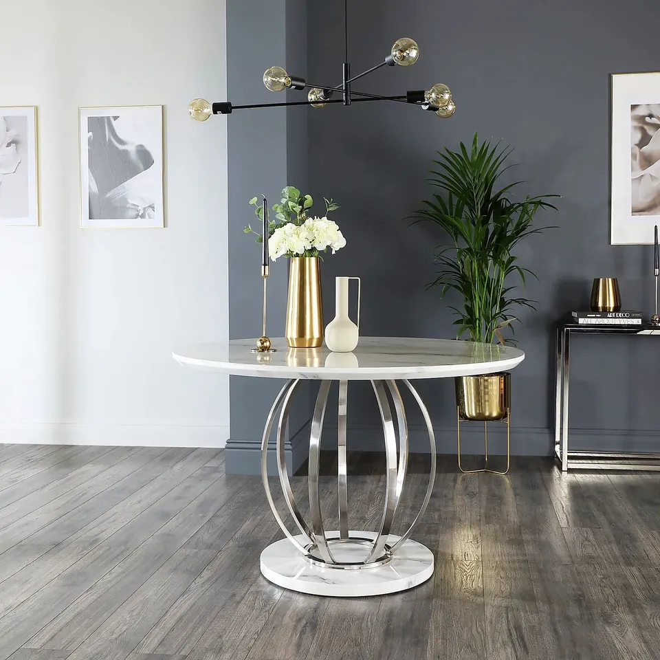 BOXED DESIGNER SAVOY ROUND WHITE MARBLE & CHROME 120cm DINING TABLE (3 BOXES)