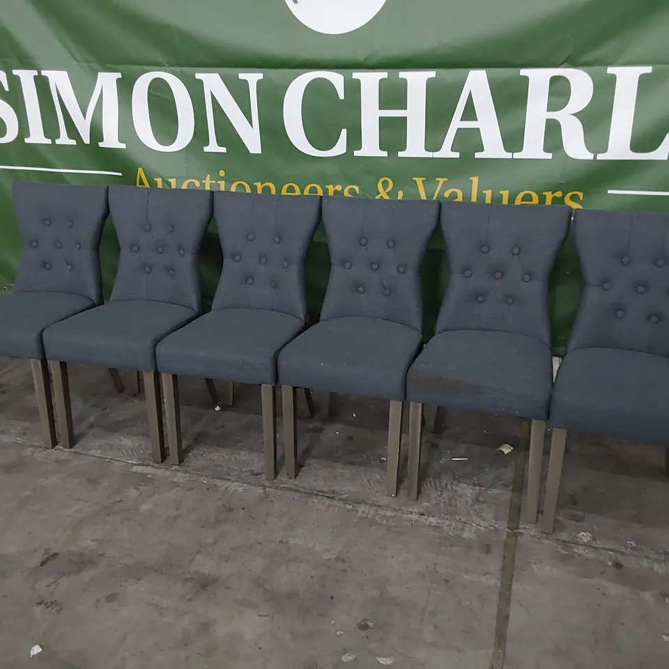 SET OF SIX UPHOLSTERED BUTTONED BACK DINING CHAIRS CHARCOAL FABRIC ON SILVERED LEGS 